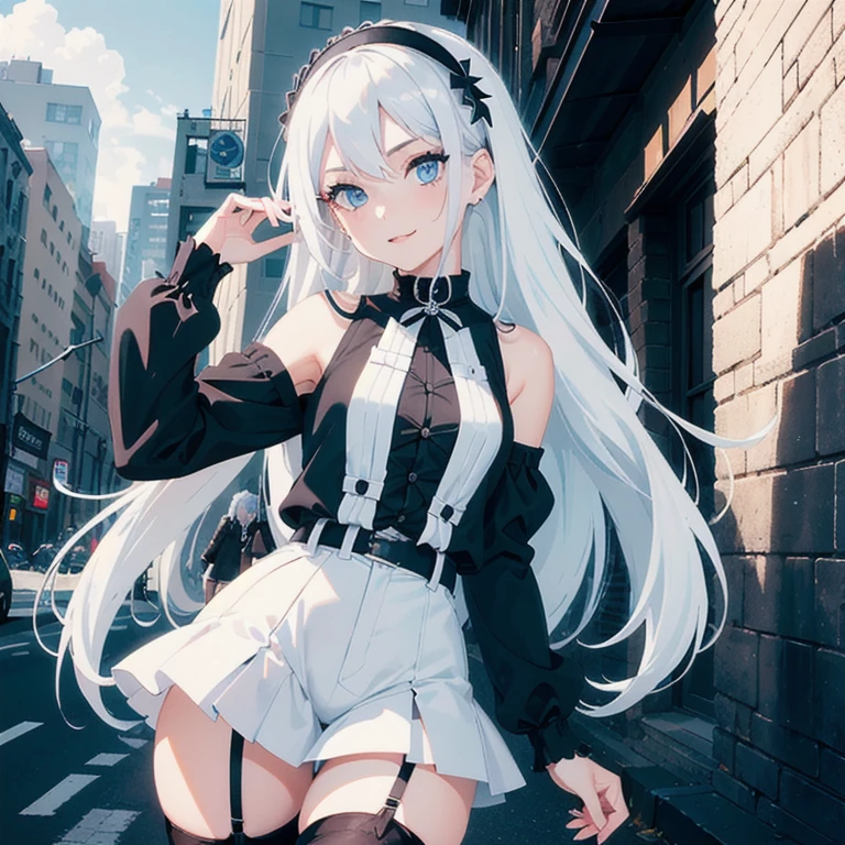 1 girl, (Masterpiece, Best quality, ultra high resolution), Silver hair, Pale skin, Beautiful detailed face, Detailed eyes, posing on a white background, Dynamic lighting, dynamic shadowing, looking at viewer, White stone punk fashion,(Posing for a photo),((White clothes)), (((black thigh highs))), jean shorts, skirt, white sweater, ((Blue eyes)), happy, smiling, black straps, black strap design, ((Long white hair)), energetic, cheerful, cityscape background, (((long black sleeves))), ((long black sleeves)), black sleeves