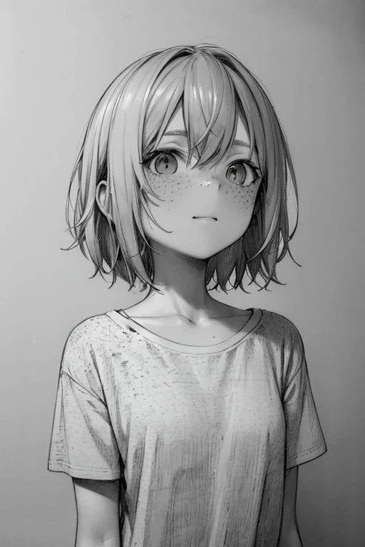 (pencil_sketch:1.2, messy lines, shades of gray, traditional media, sketch),
1 girl with freckles in a T-shirt, One, short shaggy blonde hair, simple background, upper body, looking up