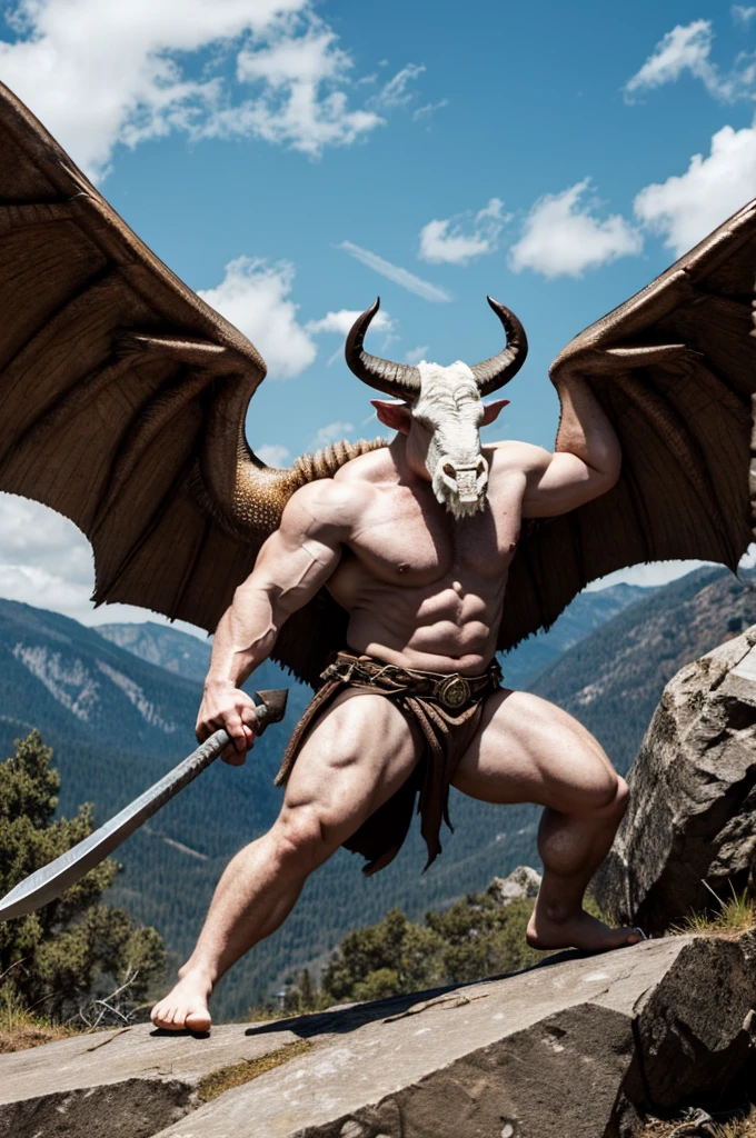 pale white angry male demon big horns, wings and a great axe, and has rock skin