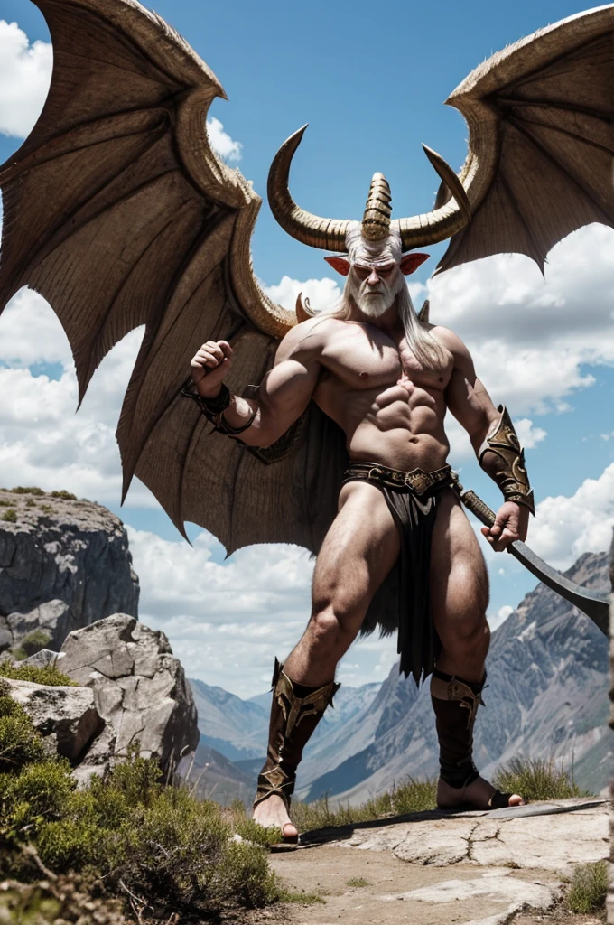 pale white angry male demon big horns, wings and a great axe, and has rock skin