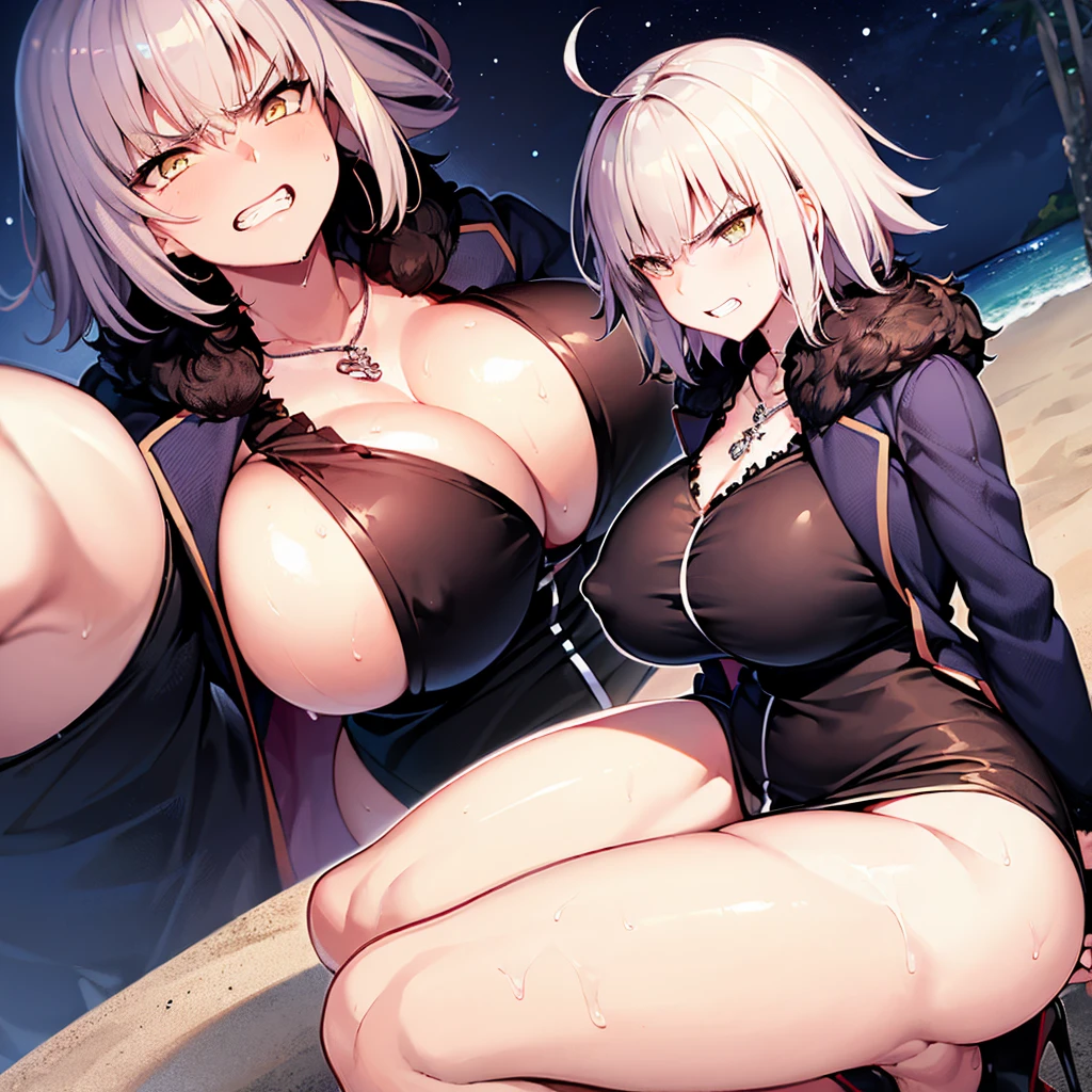 (((1girl))), Jeanne d'Arc Alter \(Fate grand order\), Jeanne d'Arc Alter from Fate grand order, beach side, night time, starry night, waves crashing against beachside, standing on beachside, (extremely big breasts, extremely big ass, extremely wide hips, thick thighs), squatting with ass resting in heels, ((angry grin, single sweat on side of head, both nipples erect, furrowed eyebrows)),