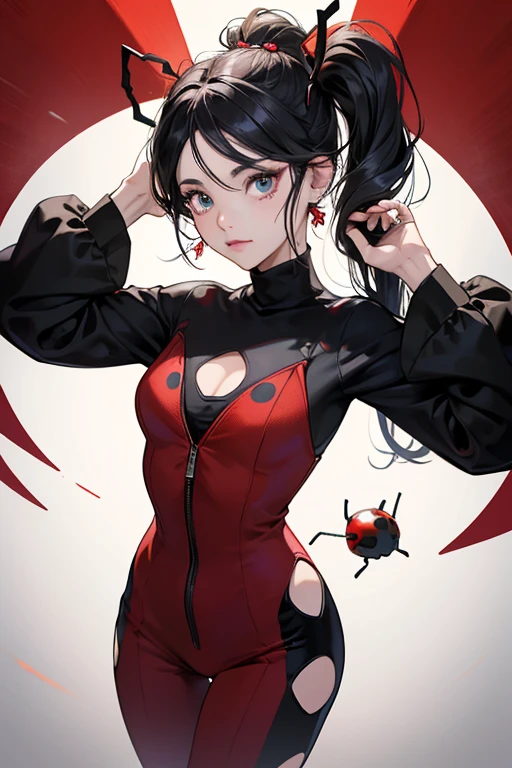She wears a red superhero jumpsuit covered in black spots and a black collar/turtleneck. According to Marinette in "Marinette's Double Life", her suit is made out of indestructible fabric. When not in use, she keeps her yo-yo around her hips with a red string. On her face is a red mask with five black spots that are in a symmetrical design, and the waterlines of her eyes are colored black. Her earrings are red with five black spots in a quincunx pattern, and the bands holding her hair back become red ribbons, resembling a ladybug's antennas or a ladybug flying when she's moving. SPARKLE; GLITTER