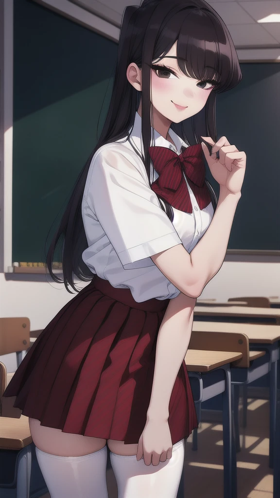 1girl, cowboy shot, classroom, smile,
komi_shouko, black eyes, black hair, long hair, , red bowtie, white shirt, collared shirt, short sleeves, striped, pleated skirt, red skirt, black pantyhose,  best quality, masterpiece, highres, 