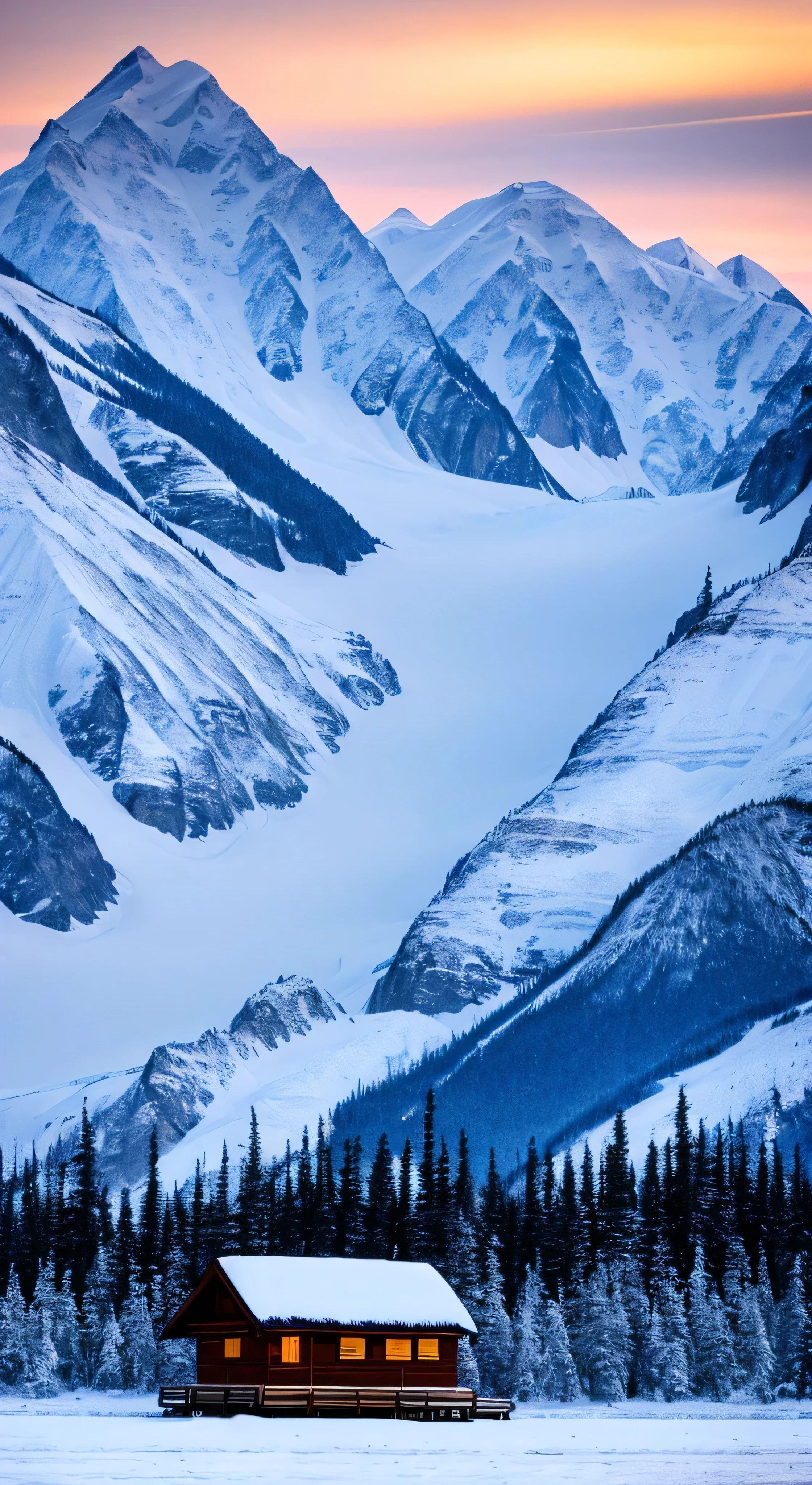 Alaska in Winter。One world has a fixed cot is softly lit。Snow and ice on the mountains、It&#39;s unimaginable on a fixed, cold-colored land.、It&#39;s a sharp contrast。shortage々A Sight