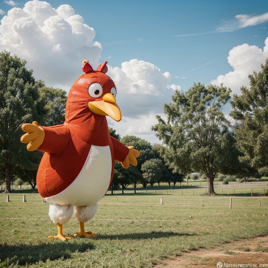 ((Best Quality)), ((Cartoon)), 1 man, happy, greeting, cartoon giant chicken costume, simple background, Field, funny, vivid colors, whole body