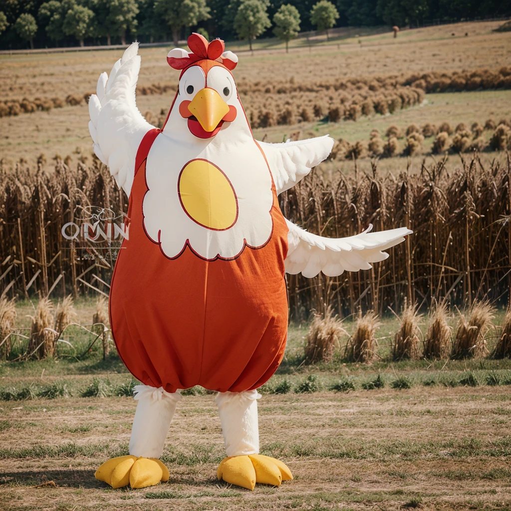 ((Best Quality)), ((Cartoon)), 1 man, happy, greeting, cartoon giant chicken costume, simple background, Field, funny, vivid colors, whole body