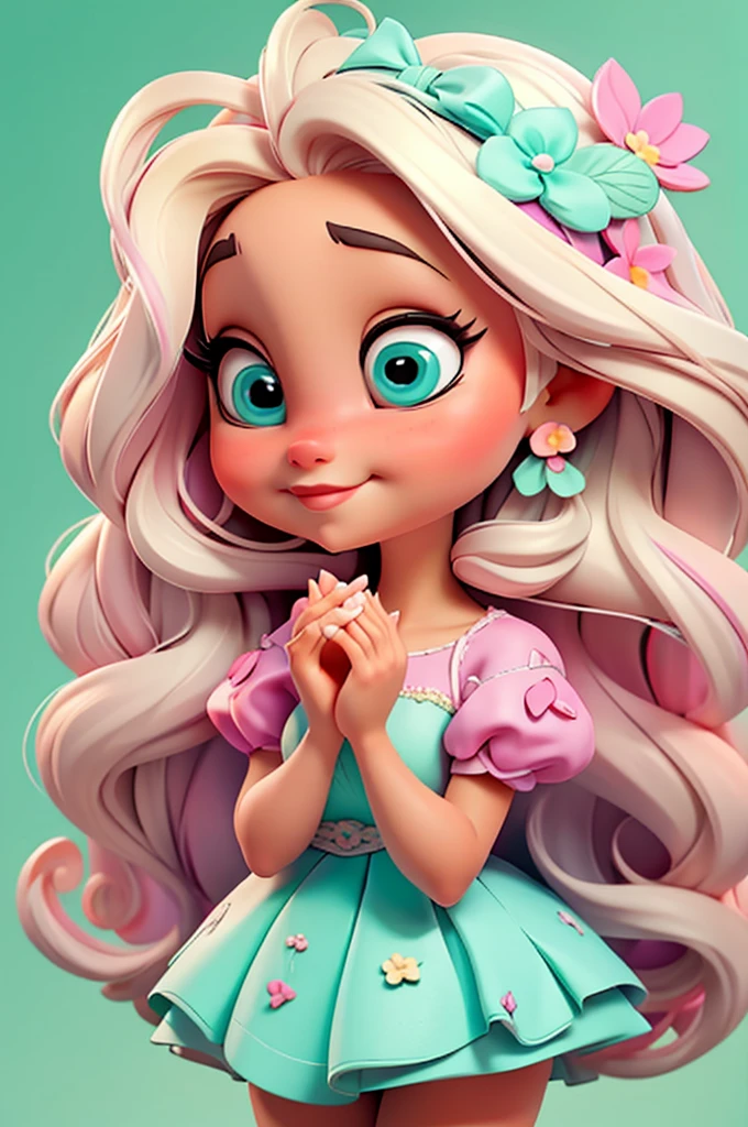 imagem de alta qualidade de uma boneca chibi Ariana Grande: boneca chibi ,illustration,detalhes delicados,Pose encantadora,lovely expression,cores suaves,roupa bonita,cabelos intrincados,beautiful eyes and lips,melhor qualidade,ultra-detalhado,fotorrealista,vivid colors, solid background, profesional lighting, girly accessories, espressiva, headband flowers, blue eyes, ombre hair, long hair, basket of flowers in hands, lovely pose, black eyes, wearing a fairy outfit pastel colors glitter, mint green, pink, and soft purple, exuberant, perfect, centered in the photo with a white background, nitid, fairy vibes, standing, pink flat shoes, vibrant, white background, blonde hair, blonde hair, hair blonde
