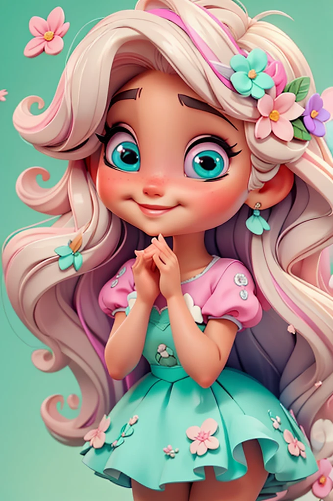 imagem de alta qualidade de uma boneca chibi Ariana Grande: boneca chibi ,illustration,detalhes delicados,Pose encantadora,lovely expression,cores suaves,roupa bonita,cabelos intrincados,beautiful eyes and lips,melhor qualidade,ultra-detalhado,fotorrealista,vivid colors, solid background, profesional lighting, girly accessories, espressiva, headband flowers, blue eyes, ombre hair, long hair, basket of flowers in hands, lovely pose, black eyes, wearing a fairy outfit pastel colors glitter, mint green, pink, and soft purple, exuberant, perfect, centered in the photo with a white background, nitid, fairy vibes, standing, pink flat shoes, vibrant, white background, blonde hair, blonde hair, hair blonde
