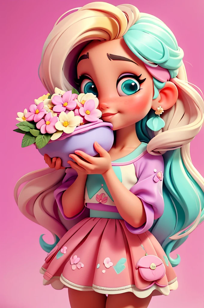 imagem de alta qualidade de uma boneca chibi Ariana Grande: boneca chibi ,illustration,detalhes delicados,Pose encantadora,lovely expression,cores suaves,roupa bonita,cabelos intrincados,beautiful eyes and lips,melhor qualidade,ultra-detalhado,fotorrealista,vivid colors, solid background, profesional lighting, girly accessories, espressiva, headband flowers, blue eyes, ombre hair, long hair, basket of flowers in hands, lovely pose, black eyes, wearing a fairy outfit pastel colors glitter, mint green, pink, and soft purple, exuberant, perfect, centered in the photo with a white background, nitid, fairy vibes, standing, pink flat shoes, vibrant, white background, blonde hair, blonde hair, hair blonde