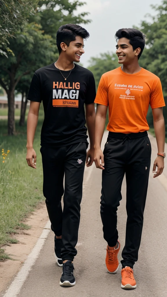 18 years old two indian boys walking on road, they are talking each other with laughing, first boy is wearing Orange T-shirt, with black pant, with name “Ahad” and second boy wearing Black T-shirt with black pant on which Name “Samad” is written, realistic image, 4k quality image. the words best friends written at top sky , make sure name should be visible