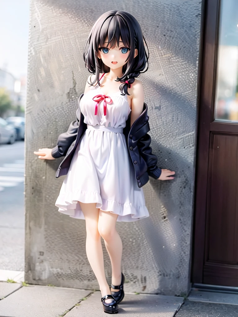 black hair,girl,blue eyes,White sundress, open navy cardigan,Red ribbon on braid,full body