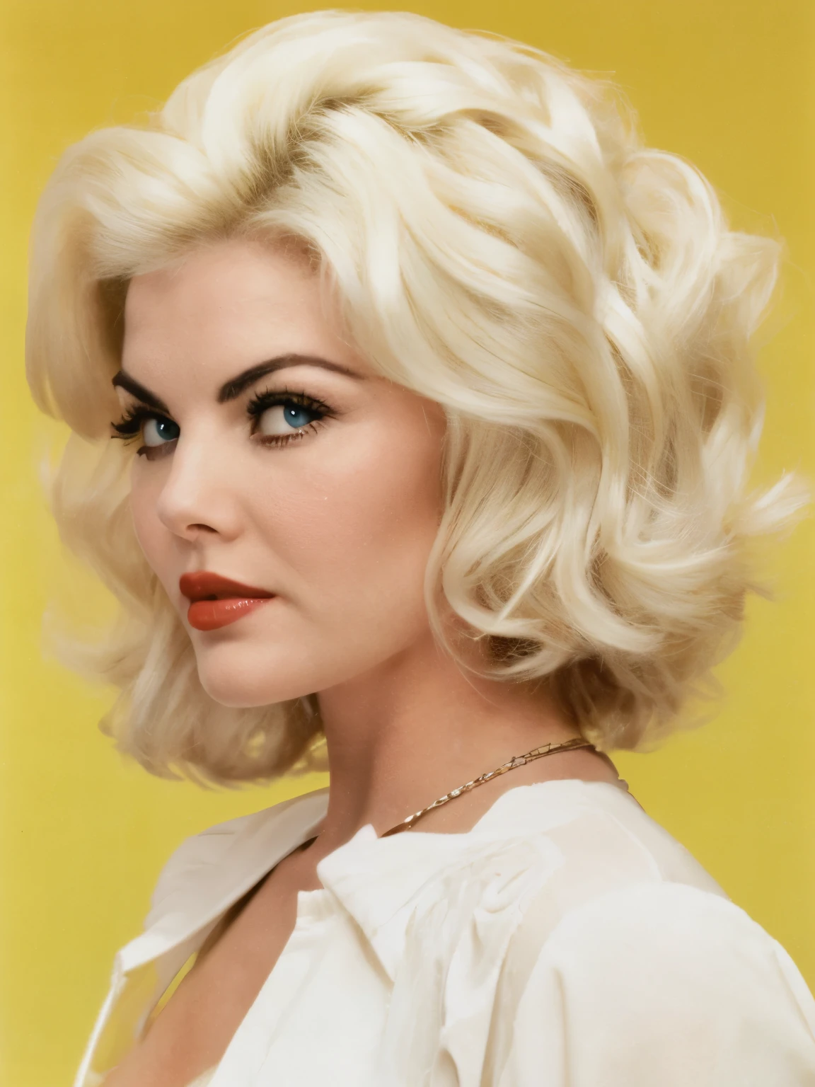 April (Sherilyn Fenn) from 1988's Two Moons Merge, 80's, blonde hair, white hair, quad drills, twin drills, drill hair, hair over shoulder, short hair, long eyelashes, turn pale