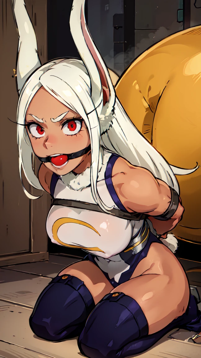 (( Mirko, Mirko, red eyes, eyelashes, white hair, long hair, bunny ears, dark skin, muscular female, Ballgag )), recuadros de texto, frown, nude, Nwsf, nude , nude, gagged, bondage shibari, manos y brazos atados, bdsm, Arms tied behind the back, arms behind the back, Arms tied behind the back, muslos atados, patas atadas, Gagged, bound arms, arms behind back, de frente, Ball Gag, bdsm,bondage, gagged, sitting position, Kneeling position, in the room, ball gag color roja, gag de correas, viendo hacia el espectador, looking towards the camera, shrimp position, babear, babeando, saliva en la gag, basement, sonrojada, en celo, Ballgag red, viendo al espectador,