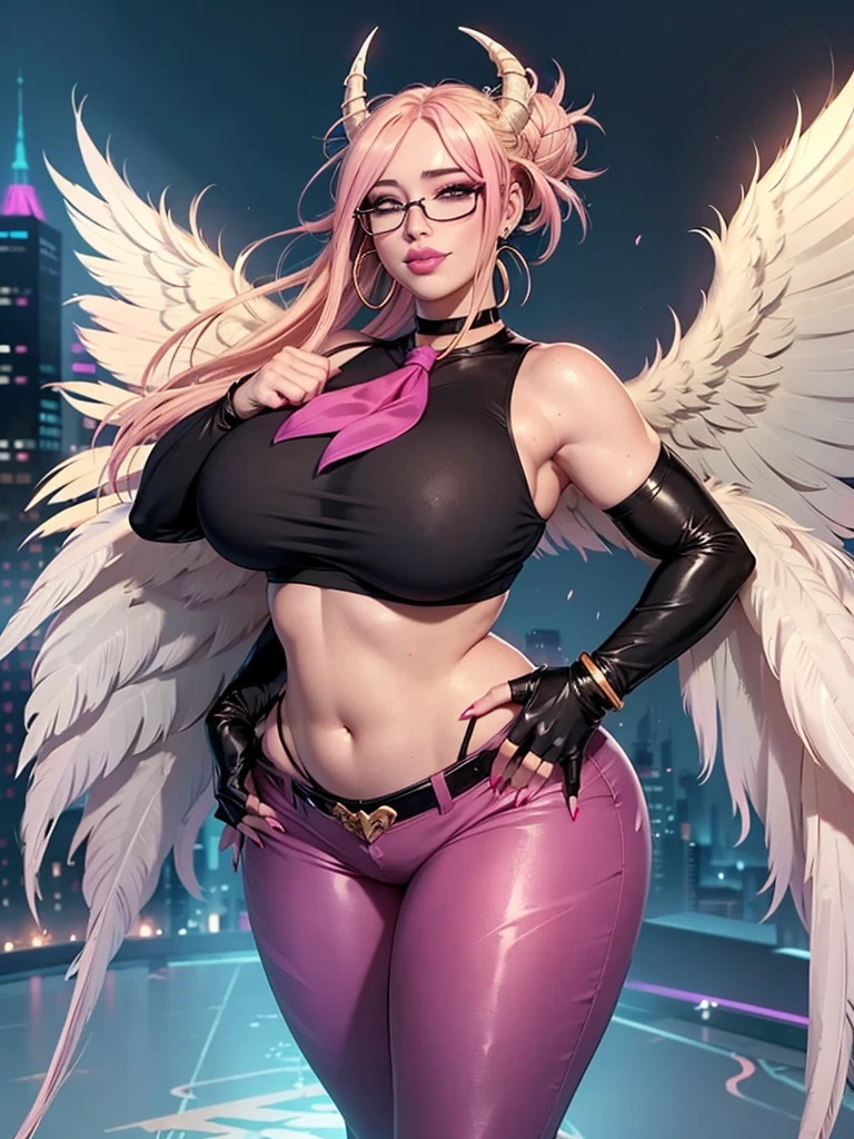 realisticlying，22yo girl，Blonde short、big body, sexy lingerie lace black ,perfect eyes, hair bunches、very very long hair, ultradetailed hair, body nylon sexy, Breasts enlarged、 big body, blonde, woman 1.90 CM,ponytail, ((hair over eyes)),perfect mouth, massive big bounce oppai, WET SKIN, (masterpiece, best quality:1.2), 1girl, solo, city background, haze \(fortnite\), Harpy Haze From fortnite, 1girl, earrings, glasses, hat, jewelry, lips, long hair, looking at viewer, makeup, nail polish, pink eyes, pink hair, pink nails, smile, sunglasses, tinted eyewear, belt, black pants, crop top, eyeshadow, midriff, navel, pants, choker, fingernails, round eyewear, sharp fingernails, standing, black feathers, black headwear, hoop earrings, horned headwear, horns, denim, winged arms, feather trim, star \(symbol\), elbow gloves, dark pink lips, feathers, heels, shoes, angel wings, bangle, black wings, crop top overhang, feathered wings, harpy, low wings, multicolored hair, multicolored wings, pink wings, wings, fingerless gloves, shirt, long fingernails, boater hat, bootcut pants, leather pants, sleeves, black sleeves,massive big bounce oppai,massive big bounce oppai,massive big bounce oppai,
