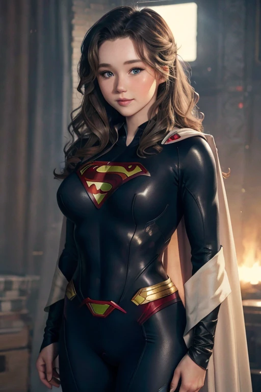 a beautiful freckled woman with pale skin, wavy hair, smiling, wearing a sexy (black superman's suit) with one exposed breast, (brec bassinger), blushing cheeks, large breasts, ultra-detailed, 8k, best quality, photorealistic, vivid colors, dramatic lighting