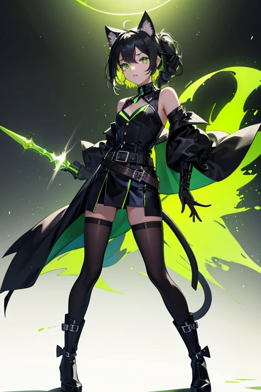 The costume of Lady Noire was very similar to Cat Noir; she wore a dark gray catsuit with fluorescent green accents on her knees, forearms, waist, and neck. She had black gloves on her forearms with claws and a fluorescent green band that went down a bit and a black ball, and her black collar was a little open at the neck and had a fluorescent green band that went down to the poitrine and a black ball in the lower part of the neck. Around the waist, there was a black belt with a fluorescent green band in the middle at the right leg, a black button with a fluo-green cat, and a fluorescent green son with a black ball hanging. Her black fluo-green boots went all the way up to the knee, with a small flowing green band in the heel, and ended with small black triangular platform shoes. She had floor-length black hair that was styled in a single braid, which made it look like a tail (similar to Cat Noir's belt). She also had cat ears on her head with fluorescent green accents and a black mask. Lady Noire had the same green eyes as Cat Noir, with the green sclera and slitted pupils. Like her yo-yo, Lady Noire kept her staff attached to her hip when not in use. SPARKLE; GLITTER