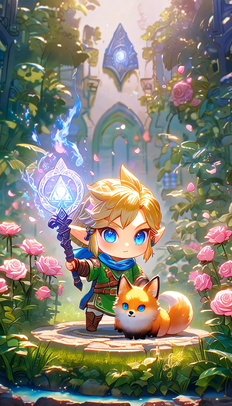 absurdres, highres, ultra detailed, HDR, master piece, best quality, extremely detailed, Link chibi, blonde hair, expressive blue eyes, The Legend Of Zelda Hyrule Warriors, boy hugging a fox, cute, small, blue scarf, green tunic, magical, fantasy, magic, garden, pink roses, pink petals