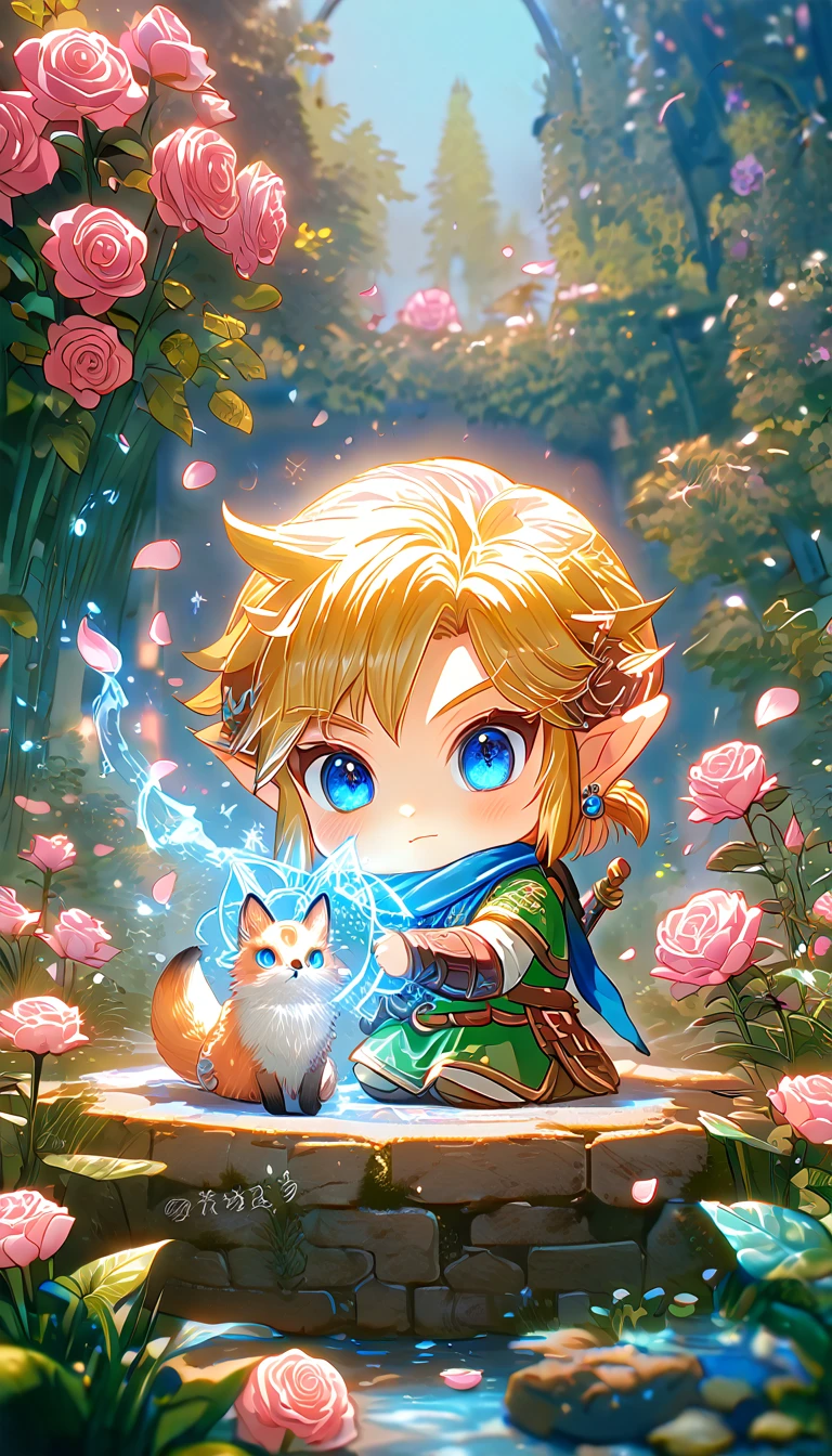 absurdres, highres, ultra detailed, HDR, master piece, best quality, extremely detailed, Link chibi, blonde hair, expressive blue eyes, The Legend Of Zelda Hyrule Warriors, boy hugging a fox, cute, small, blue scarf, green tunic, magical, fantasy, magic, garden, pink roses, pink petals