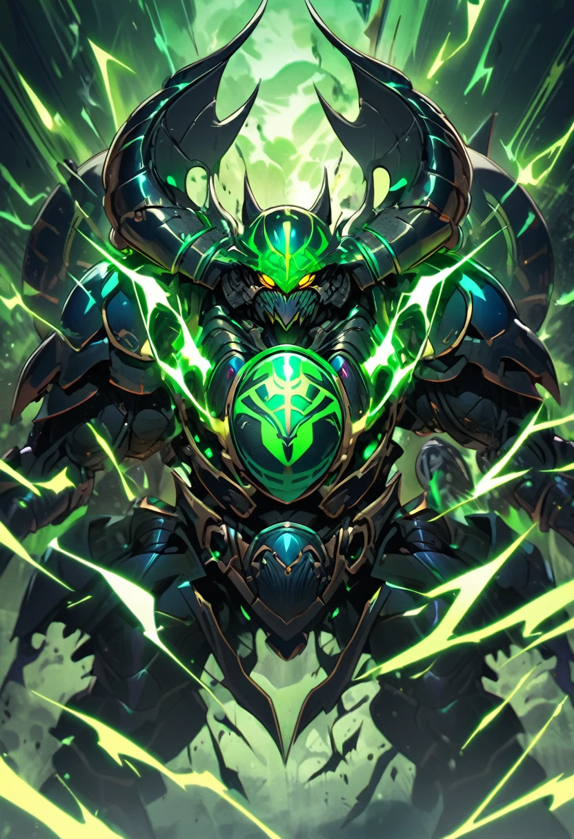 black, scarab, sharp features, green electricity