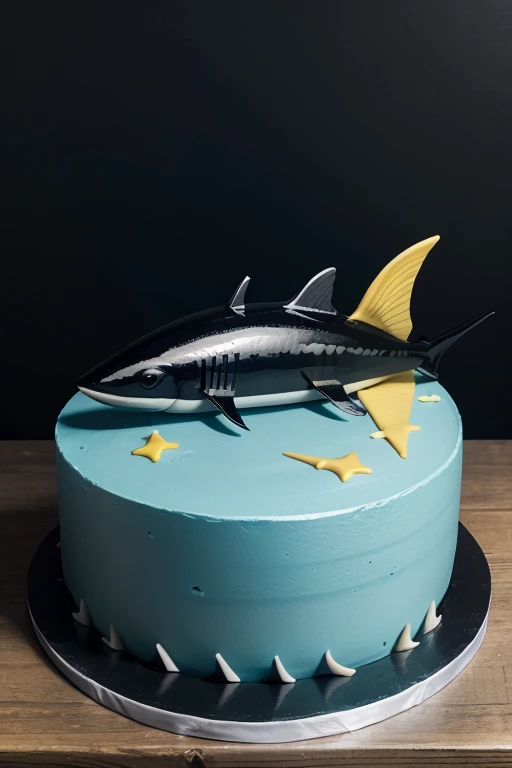 dark submarine birthday cake, single color, fish-shaped, with rear fin, spiney upper and lower dorsal fin, the elongated front part like that of a swordfish. The name is William must be on the base of the cake along with the bottom of the sea.