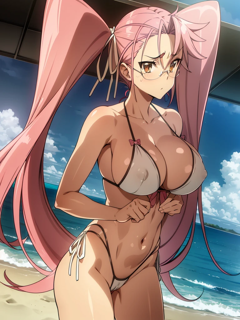 (Nsfw),Hayatakagi, Hajime Takagi, Long hair, bow ribbon, (Twin-tailed:1.3), (Brown eyes:1.5), Hair Ribbon, Pink hair, (eye glasses:1.3),,(looking at the viewers:1.3),BREAK (masutepiece:1.2), Best Quality, High resolution, Unity 8k Wallpaper, (Illustration:0.8), (Beautiful detailed eyes:1.6), extra detailed face, Perfect Lighting, extremely details CG, (Perfect hands, Perfect Anatomy),(the beach:1.3),Naughty big、thighs thighs thighs thighs、solo, very big breast, detailed nipples, deep cameltoe, barely spread legs, caderas anchas, g string, stripes translucent stockings, perfect round detailed and realistic nipples, detailed vagina, daylight illuminated, masturbating, pink super ultra small lingerie that barely covers her skin