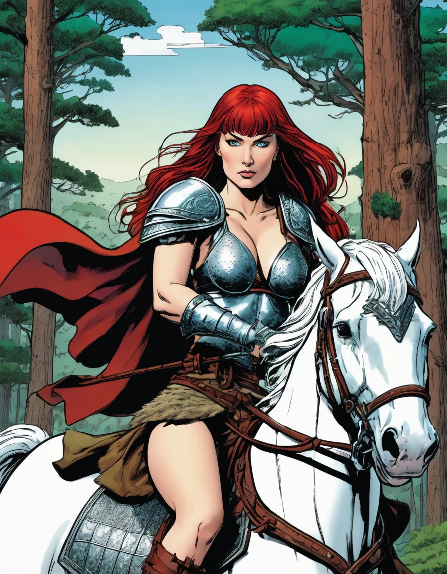red sonja, riding on top of a white horse, forest in the background, Manga
