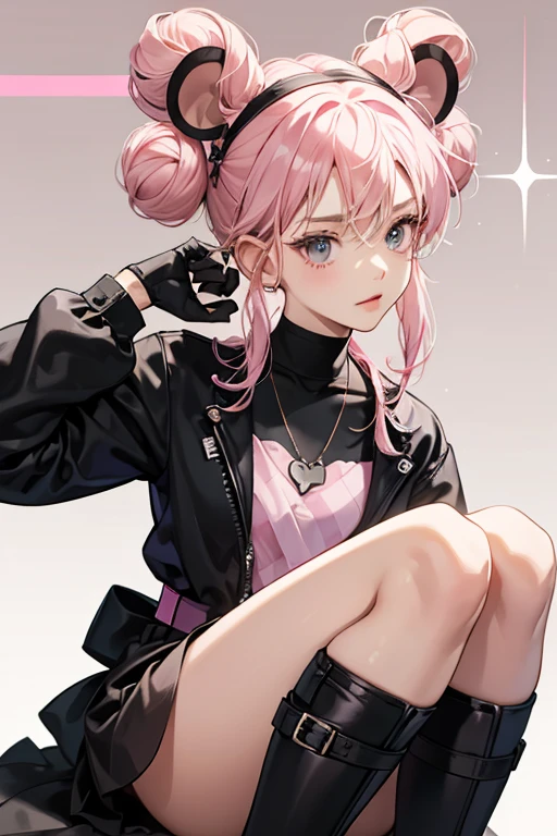 Multimouse wore a gray, pink, and black bodysuit. She wore her hair in Odango-style twin buns, which resembled mouse ears. She also wore her Miraculous, a necklace, around her neck. Her mask was gray at the top and pink with a black border at the bottom. She wore black gloves that were a little above her elbows and had a thick pink horizontal stripe at the end. She also wore black boots that were above knee-level with a thick pink horizontal stripe. SPARKLE; GLITTER
