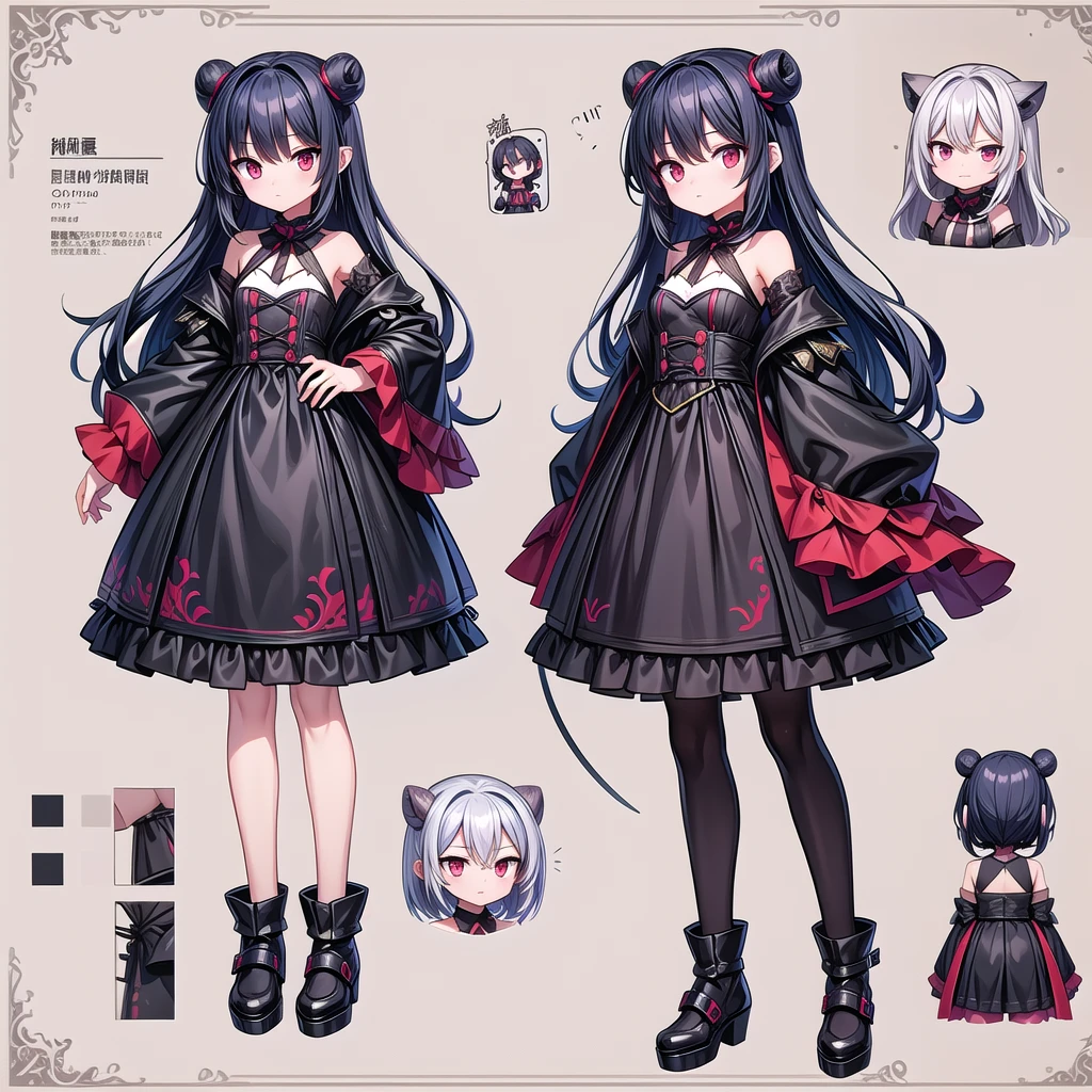 two Anime Characterss with red eyes and black hair, Anime Characters; Full body art, interesting role conception, Suitable for whole body, Anime Characters design, [ role conception ], detailed Whole body concept, Whole body concept, best Anime Characters design, Female furry mini cute style, Devil anime girl, Adaptable personality, Anime full body illustration, 动漫女人Full body art