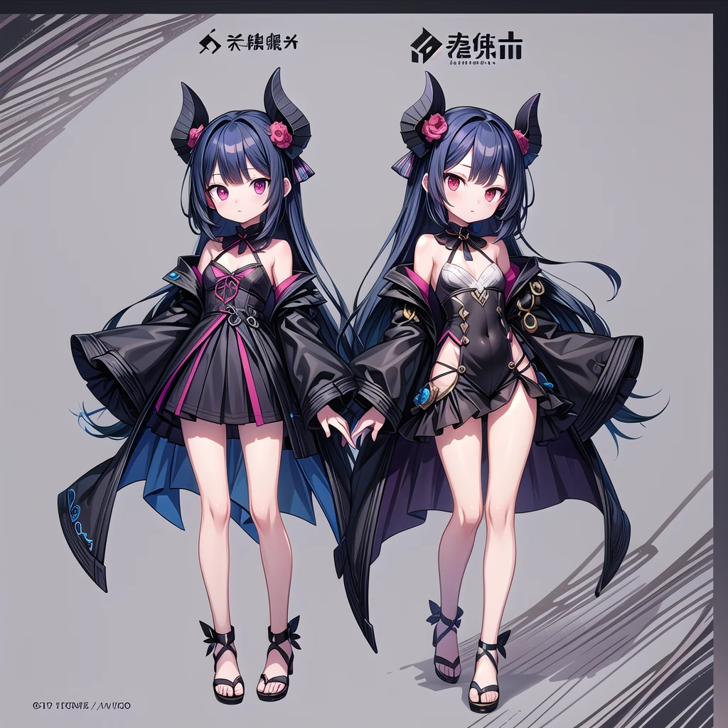 two Anime Characterss with red eyes and black hair, Anime Characters; Full body art, interesting role conception, Suitable for whole body, Anime Characters design, [ role conception ], detailed Whole body concept, Whole body concept, best Anime Characters design, Female furry mini cute style, Devil anime girl, Adaptable personality, Anime full body illustration, 动漫女人Full body art