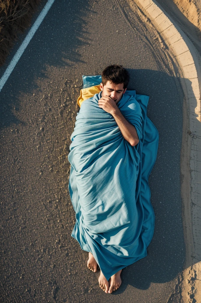 Young man sleeping covered with a blanket on the side of a road near the sea. Seen from the sky