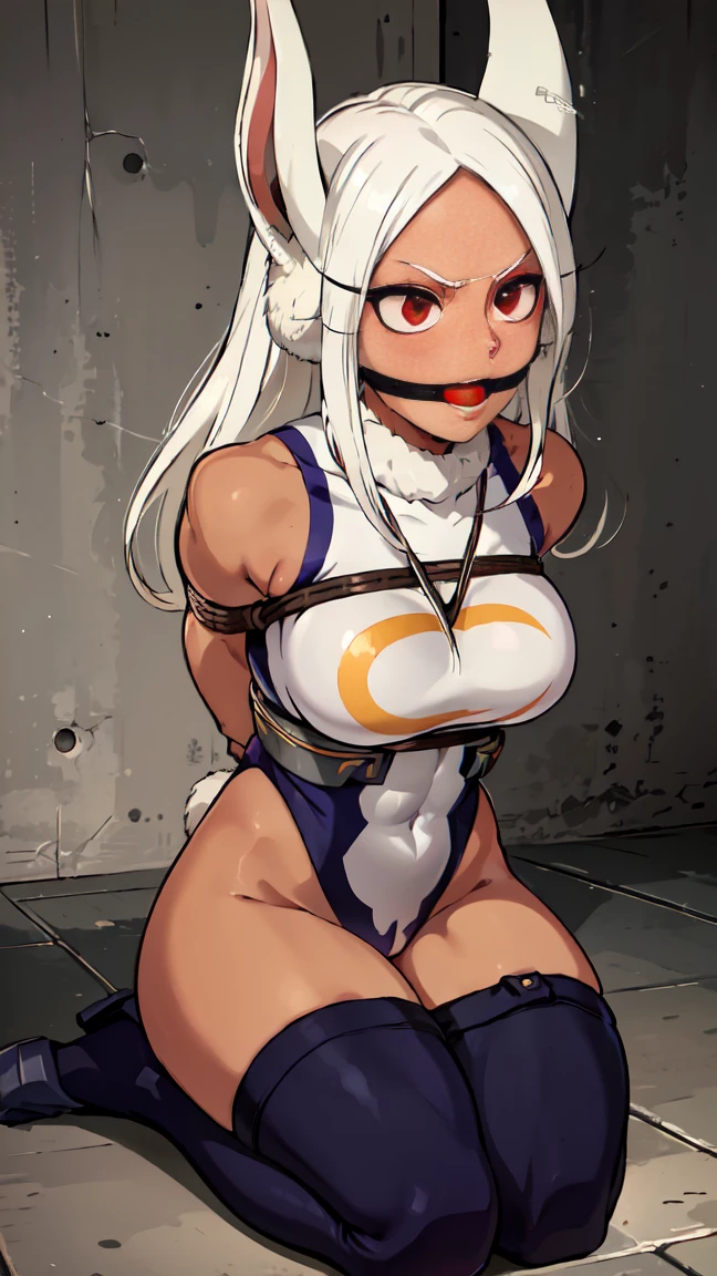 (( Mirko, red eyes, eyelashes, white hair, long hair, bunny ears, dark skin, muscular female, Ballgag )), recuadros de texto, frown, nude, Nwsf, nude , nude, gagged, bondage shibari, manos y brazos atados, bdsm, Arms tied behind the back, arms behind the back, Arms tied behind the back, muslos atados, patas atadas, Gagged, bound arms, arms behind back, de frente, Ball Gag, bdsm,bondage, gagged, sitting position, Kneeling position, in the room, ball gag color roja, gag de correas, viendo hacia el espectador, looking towards the camera, shrimp position, babear, babeando, saliva en la gag, basement, sonrojada, en celo, Ballgag red, viendo al espectador,