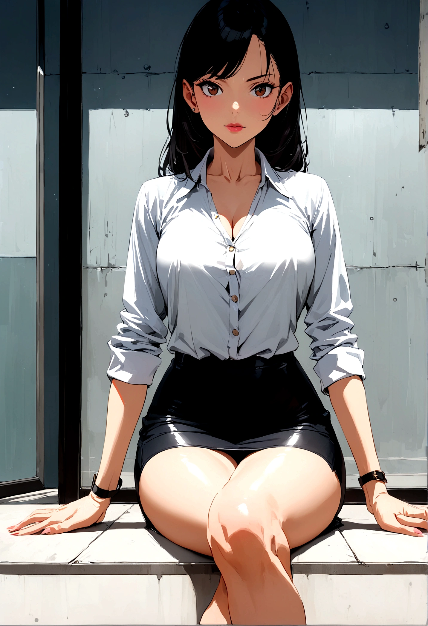 Legs crossed, pencilskirt, adult face