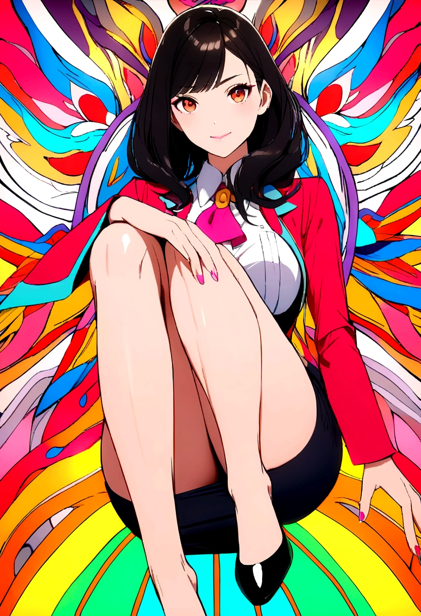 Legs crossed, pencilskirt, adult face