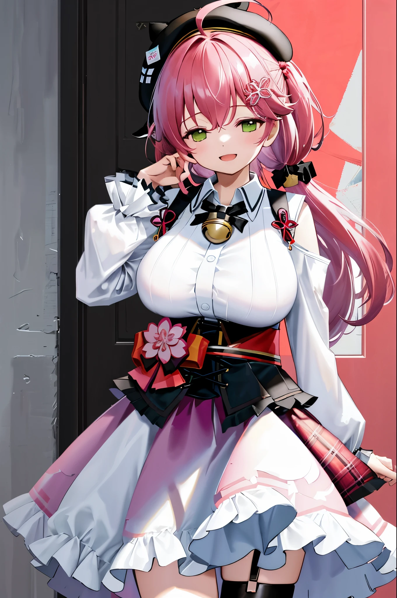 masutepiece, Best_Quality, hight_resolution, miko2,Ponytail, 1girl, Green eyes, Ahoge, black headwear, Hair Ornament, White shirt, black thighhighs, Pink hair, Red_skirt, very_short_skirt, plaid skirts, garter_strap, Collared shirt, hair clips, frilld, Bangs, hair between eye, frills skirt, beret, Pleated skirt, Hair Flower, Neck bell, , puffy long sleeves, Black bow, Underbust, Cowboy Shot,Smile, (gigantic_breasts:1.3),covered_nipples, covered_pussy,(closed_eyes:1.3), happy, childlike_posing,spread_legs,sleepy,(smile:1.2),plump,open_mouth,