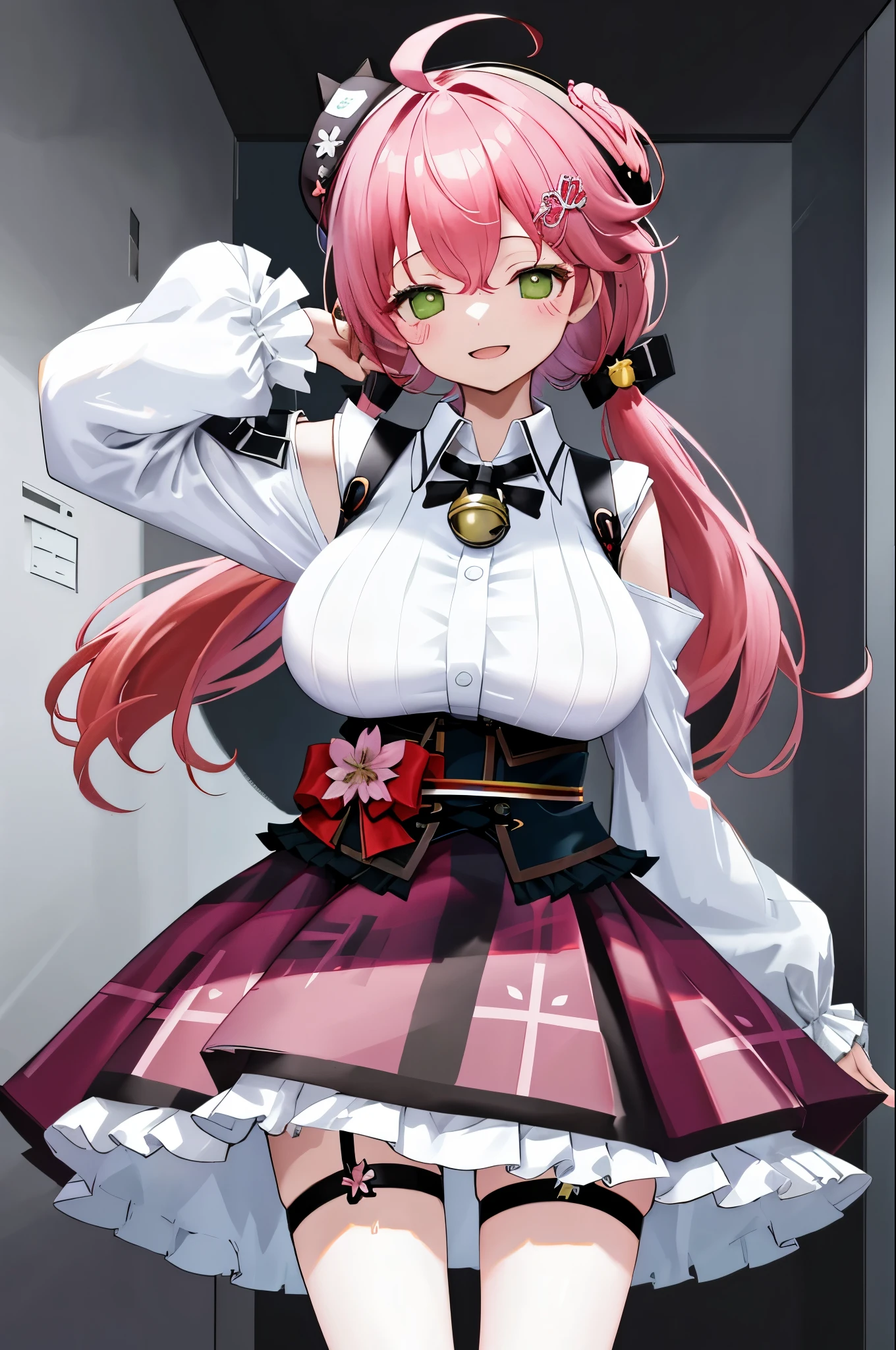 masutepiece, Best_Quality, hight_resolution, miko2,Ponytail, 1girl, Green eyes, Ahoge, black headwear, Hair Ornament, White shirt, black thighhighs, Pink hair, Red_skirt, very_short_skirt, plaid skirts, garter_strap, Collared shirt, hair clips, frilld, Bangs, hair between eye, frills skirt, beret, Pleated skirt, Hair Flower, Neck bell, , puffy long sleeves, Black bow, Underbust, Cowboy Shot,Smile, (gigantic_breasts:1.3),covered_nipples, covered_pussy,(closed_eyes:1.3), happy, childlike_posing,spread_legs,sleepy,(smile:1.2),plump,open_mouth,