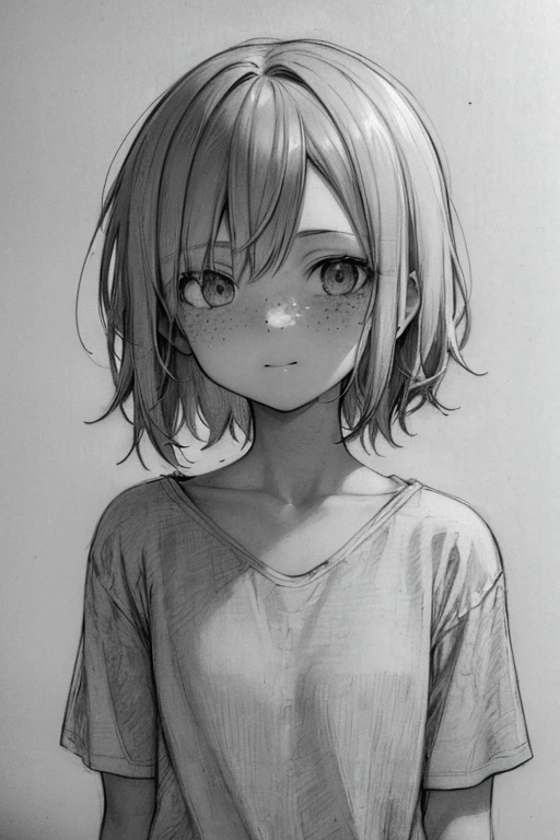 (pencil_sketch:1.2, messy lines, shades of gray, traditional media, sketch),
1 girl  with freckles in a T-shirt, One, short shaggy blonde hair, simple background, upper body, looking up