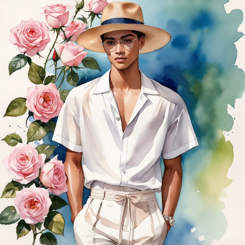 candid fashion illustration of young Mixed race 2man, both aged 18-23 year old, ((showcase fashion look book in linen outfits)), the design inspired by Desdemona Rose from David Austin Rose, in elegant chic style. The man wears an oversized short-sleeved shirt with a minimal rose embroidery details, paired with relaxed-fit white Short with Drawstring, He completes his look with white sneakers and round glasses. The boyfriend complements him in a Calf-length skinny fitted pants in stripe woven cotton, semi bulge, He resemble includes an accessorizes with a brimmed straw hat and white sneakers, Captured in a low angle, ((full-body image)), ((white roses drawing in water color in background)), fashion sketching, realistic drawing, ((imperfect water color drawing)), fashion look book, fashion illustrator, fashion sketch design, gay, gay couple, The Desdemona rose by David Austin, features pure white blooms with a hint of pink in the bud stage that fades as the flower opens. The flowers are large, with a classic cupped shape and many petals.