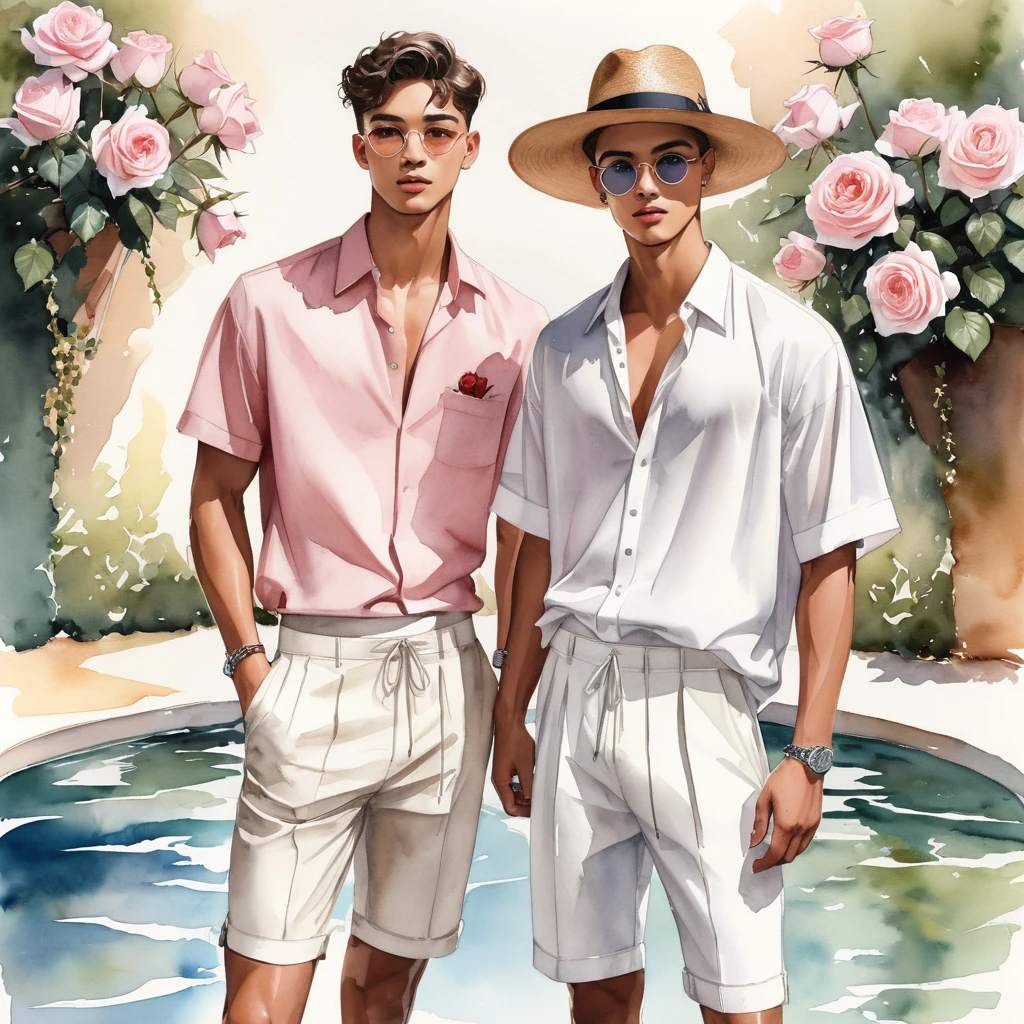 candid fashion illustration of young Mixed race 2man, both aged 18-23 year old, ((showcase fashion look book in linen outfits)), the design inspired by Desdemona Rose from David Austin Rose, in elegant chic style. The man wears an oversized short-sleeved shirt with a minimal rose embroidery details, paired with relaxed-fit white Short with Drawstring, He completes his look with white sneakers and round glasses. The boyfriend complements him in a Calf-length skinny fitted pants in stripe woven cotton, semi bulge, He resemble includes an accessorizes with a brimmed straw hat and white sneakers, Captured in a low angle, ((full-body image)), ((white roses drawing in water color in background)), fashion sketching, realistic drawing, ((imperfect water color drawing)), fashion look book, fashion illustrator, fashion sketch design, gay, gay couple, The Desdemona rose by David Austin, features pure white blooms with a hint of pink in the bud stage that fades as the flower opens. The flowers are large, with a classic cupped shape and many petals.