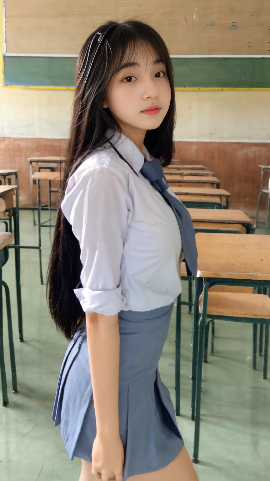 RAW, Best quality, high resolution, masterpiece: 1.3), Beautiful girl, seductive pose, showing breast, open legs showing vagina, sensual body, on a top of table of class room, ((senior high school clothes)), mini skirt, orgasm, highres, 4k, HDR, 1girl, photorealistic, realistic, small breasts, ((whole body)) turning away facial at viewer, closeup, class-room, misty,