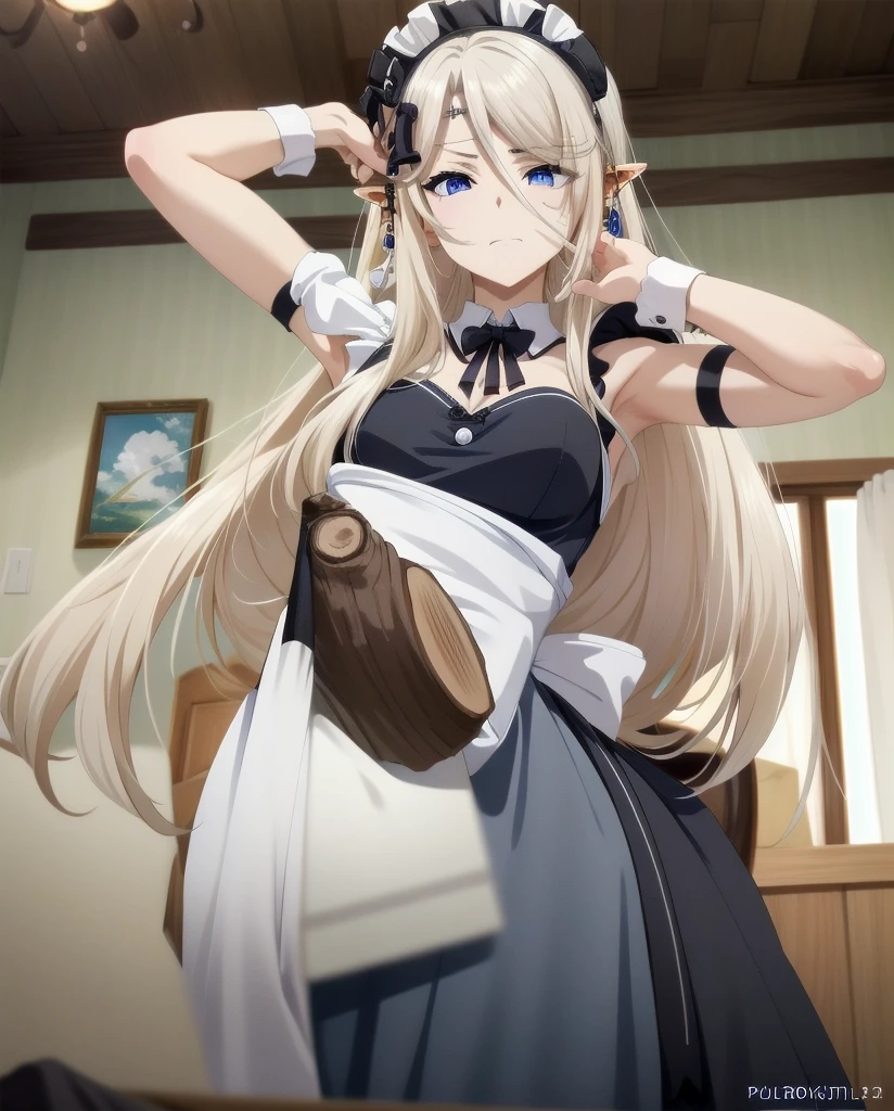 best quality, from below, log angle, intenseglare, disgust, shaded_face, shadow_over_eyes, glaring, looking down at the viewer, long platinum hair,blue eyes,pointy ears,elf,,masterpiece, highres, solo, (maid:1.40), (long maid dress:1.15), anime_style, 14
