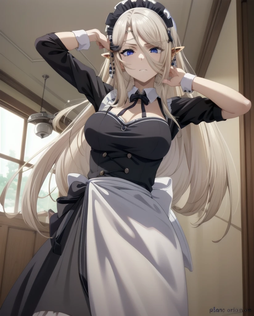 best quality, from below, log angle, intenseglare, disgust, shaded_face, shadow_over_eyes, glaring, looking down at the viewer, long platinum hair,blue eyes,pointy ears,elf,,masterpiece, highres, solo, (maid:1.40), (long maid dress:1.15), anime_style, 14
