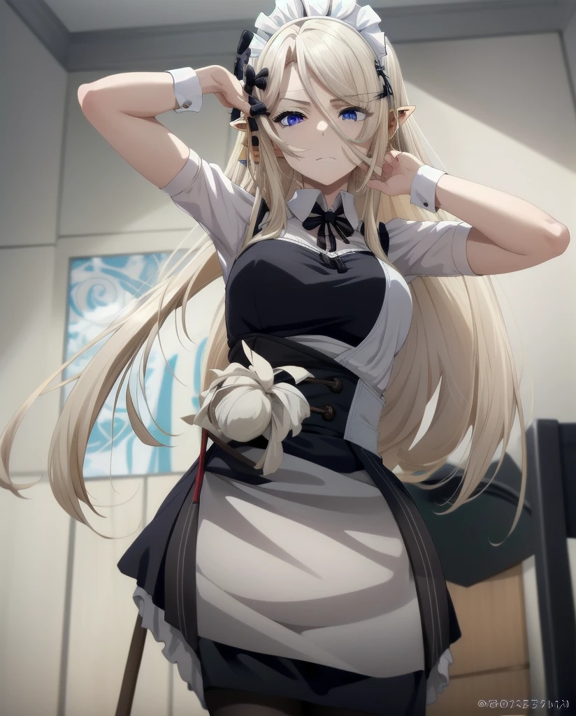 best quality, from below, log angle, intenseglare, disgust, shaded_face, shadow_over_eyes, glaring, looking down at the viewer, long platinum hair,blue eyes,pointy ears,elf,,masterpiece, highres, solo, (maid:1.40), (long maid dress:1.15), anime_style, 14
