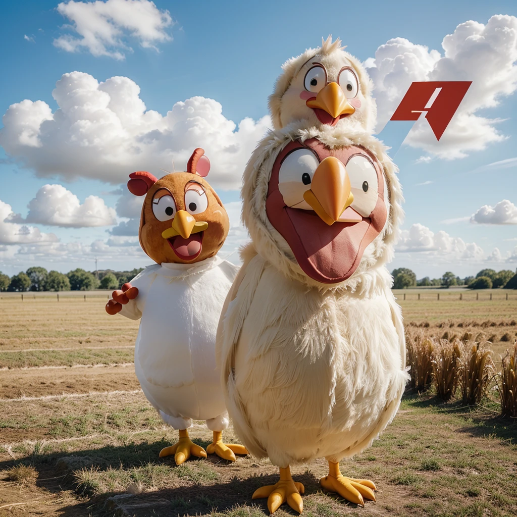 ((Best Quality)), ((Cartoon)), 1 man, happy, greeting, cartoon giant chicken costume, simple background, Field, funny, vivid colors, Alone, whole body, head on