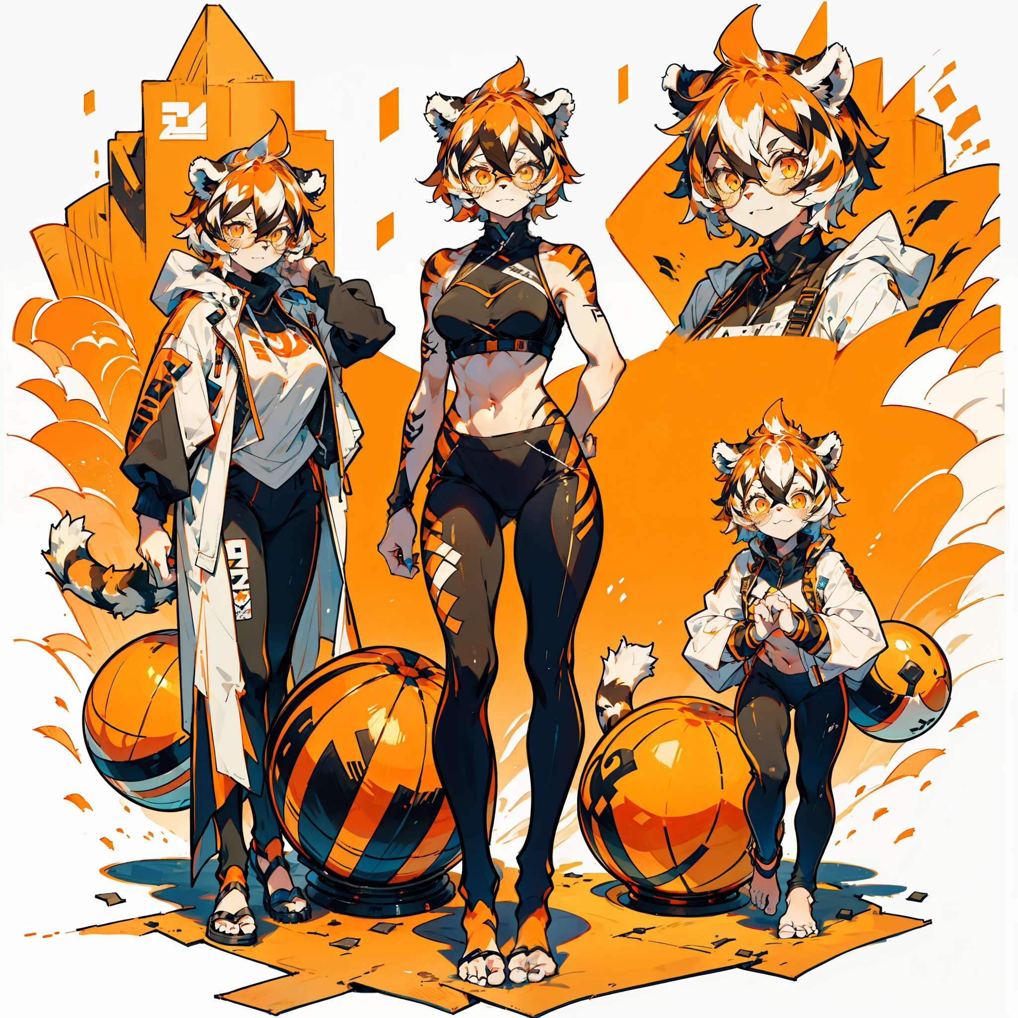 white background, full body, solo, 1girl, Standing Yoga mat, heading up, proud, young girl, animal ears, arknights, white hair, black hair, round eyewear, glasses, OPPEIN, short hair, large breasts, muscle, tail, orange eyes, orange hair, multicolored hair, tiger girl, furry female, hair between eyes, tiger_ears, tiger_tail, waai_fu, orange-tinted_eyewear, tinted_eyewear, Sophorae, ワイフー, waai_fu_arknights, tattoo, petite, neck tattoo, big breasts, stomach tattoo, bra, panties, evil smile, Shadows under feet, Abdominal muscles, nsfw, hentai, Yoga tights, Yoga balls