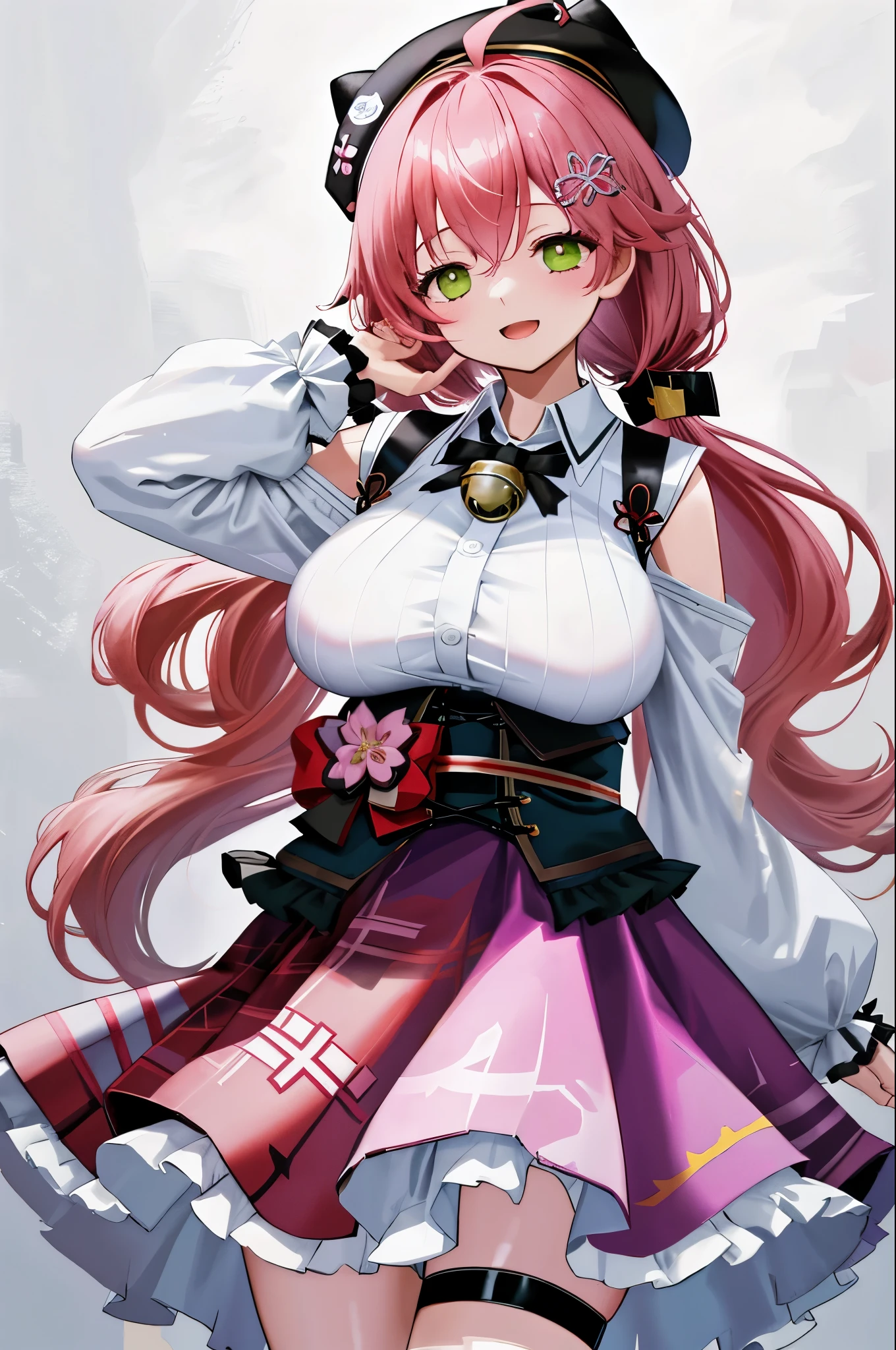 masutepiece, Best_Quality, hight_resolution, miko2,Ponytail, 1girl, Green eyes, Ahoge, black headwear, Hair Ornament, White shirt, black thighhighs, Pink hair, Red_skirt, very_short_skirt, plaid skirts, garter_strap, Collared shirt, hair clips, frilld, Bangs, hair between eye, frills skirt, beret, Pleated skirt, Hair Flower, Neck bell, , puffy long sleeves, Black bow, Underbust, Cowboy Shot,Smile, (gigantic_breasts:1.3),covered_nipples, covered_pussy,(closed_eyes:1.3), happy, childlike_posing,spread_legs,sleepy,(smile:1.2),plump,open_mouth,
