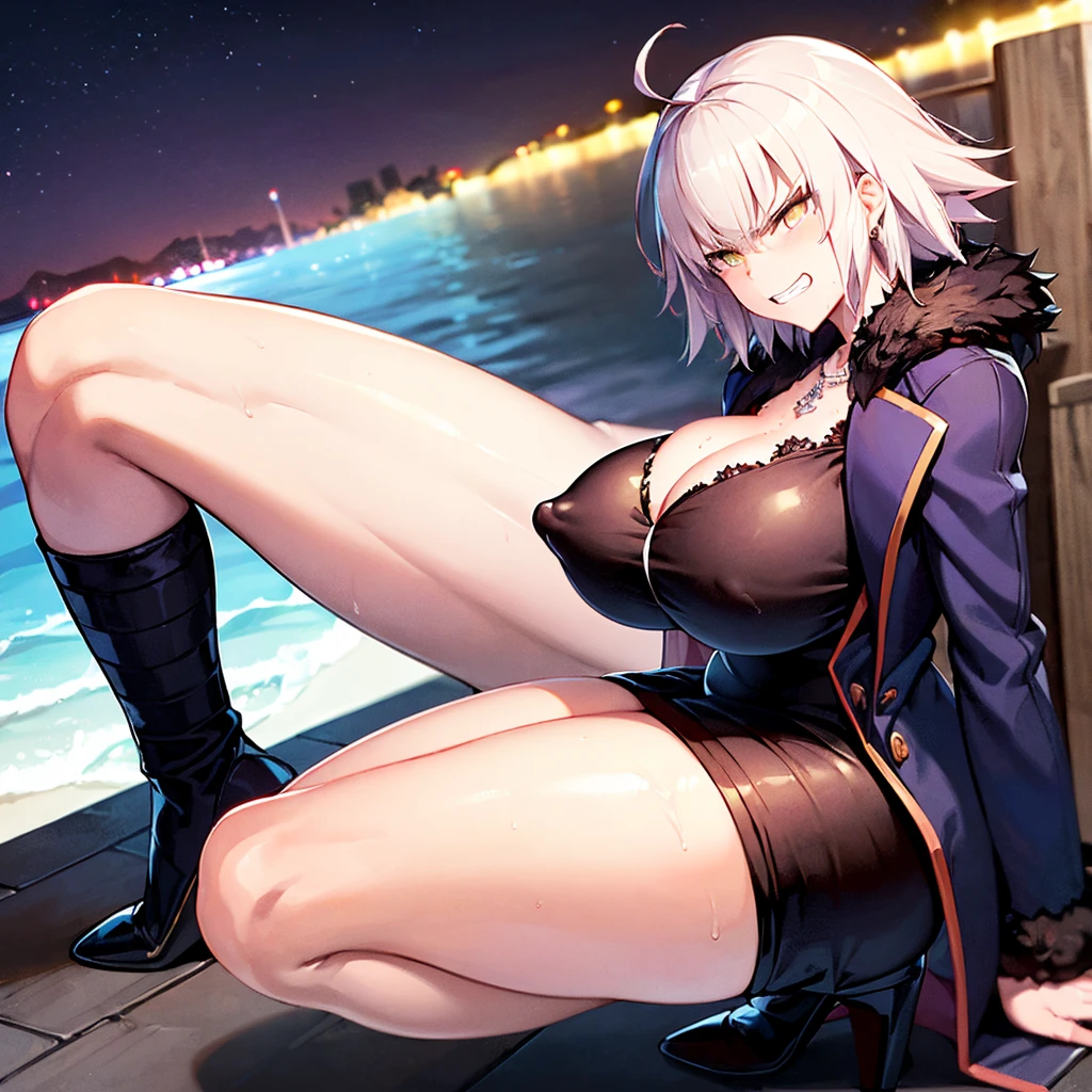 (((1girl))), Jeanne d'Arc Alter \(Fate grand order\), Jeanne d'Arc Alter from Fate grand order, beach side, night time, starry night, waves crashing against beachside, on beachside, (extremely big breasts, extremely big ass, extremely wide hips, thick thighs), squatting with ass resting in heels, ((angry grin, single sweat on side of head, both nipples erect, furrowed eyebrows)), front angle, front facing angle,