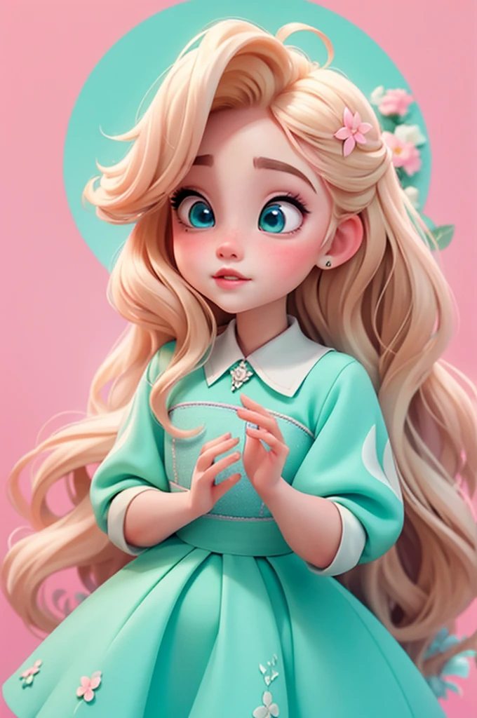imagem de alta qualidade de uma boneca chibi Ariana Grande: boneca chibi ,illustration,detalhes delicados,Pose encantadora,lovely expression,cores suaves,roupa bonita,cabelos intrincados,beautiful eyes and lips,melhor qualidade,ultra-detalhado,fotorrealista,vivid colors, solid background, profesional lighting, girly accessories, espressiva, headband flowers, blue eyes, ombre hair, long hair, basket of flowers in hands, lovely pose, black eyes, wearing a fairy outfit pastel colors glitter, mint green, pink, and soft purple, exuberant, perfect, centered in the photo with a white background, nitid, fairy vibes, standing, pink flat shoes, vibrant, white background, blonde hair, blonde hair, hair blonde