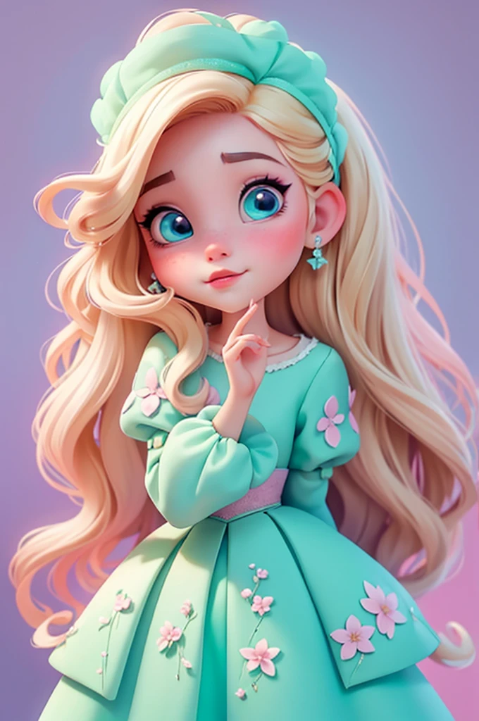 imagem de alta qualidade de uma boneca chibi Ariana Grande: boneca chibi ,illustration,detalhes delicados,Pose encantadora,lovely expression,cores suaves,roupa bonita,cabelos intrincados,beautiful eyes and lips,melhor qualidade,ultra-detalhado,fotorrealista,vivid colors, solid background, profesional lighting, girly accessories, espressiva, headband flowers, blue eyes, ombre hair, long hair, basket of flowers in hands, lovely pose, black eyes, wearing a fairy outfit pastel colors glitter, mint green, pink, and soft purple, exuberant, perfect, centered in the photo with a white background, nitid, fairy vibes, standing, pink flat shoes, vibrant, white background, blonde hair, blonde hair, hair blonde