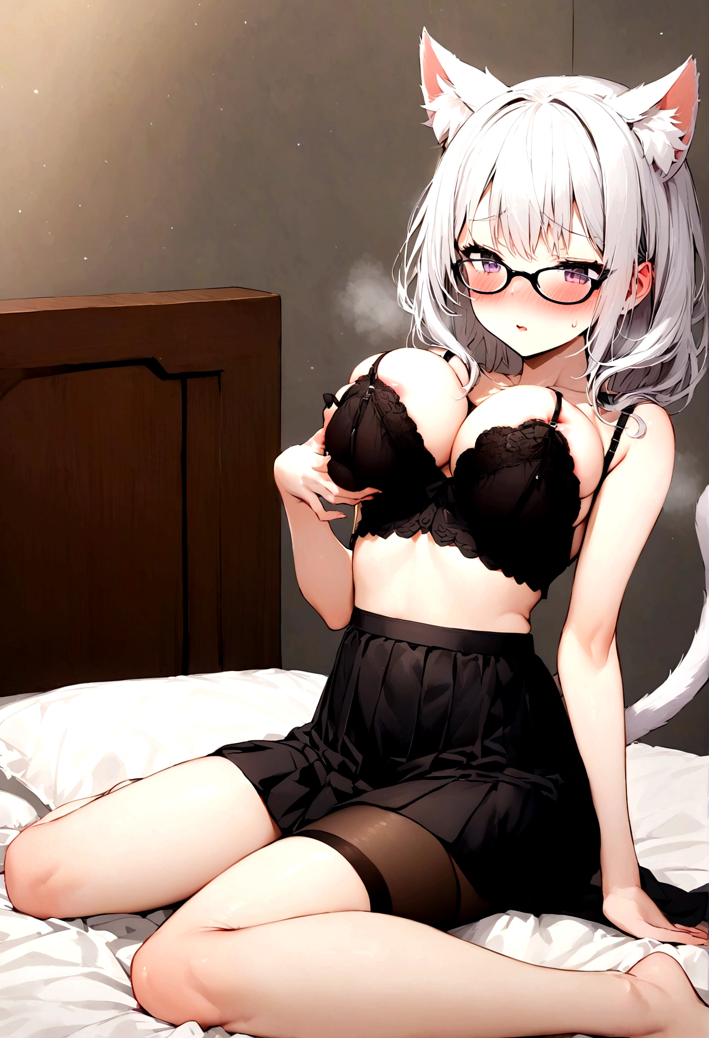 Girl with white hair, cat ears, black glasses, blushing extremely, she has put on a bra if her breasts are small, grabbing her breasts, a black skirt, a cat tail with black stockings on the bed