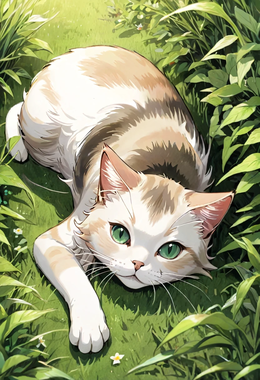 A cat lying on the grass